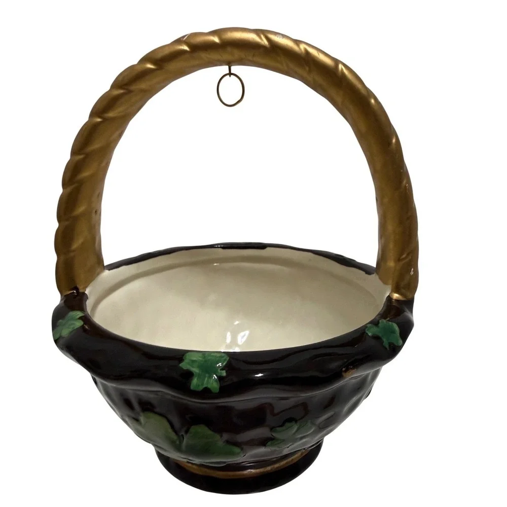 Vintage‎ Shamrock Basket Bowl Gold Twisted Handle Irish Cottage Decor